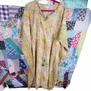 World Market Yellow Floral Maxi Dress Caftan with Tassel Detail One Size